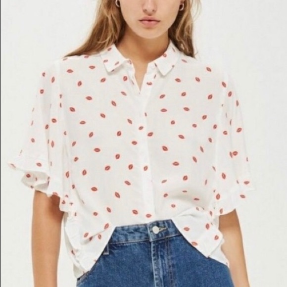 Topshop Tops - Topshop Red Lip Button-Down Ruffle Shirt Top 10